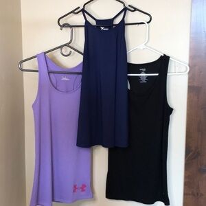 3 athletic tank tops Purple blue Black Under Armour Old Navy Danskin Sz M